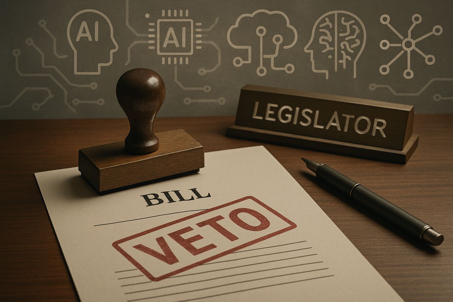 Legislative veto document about State Level Regulation with AI icons in the background.