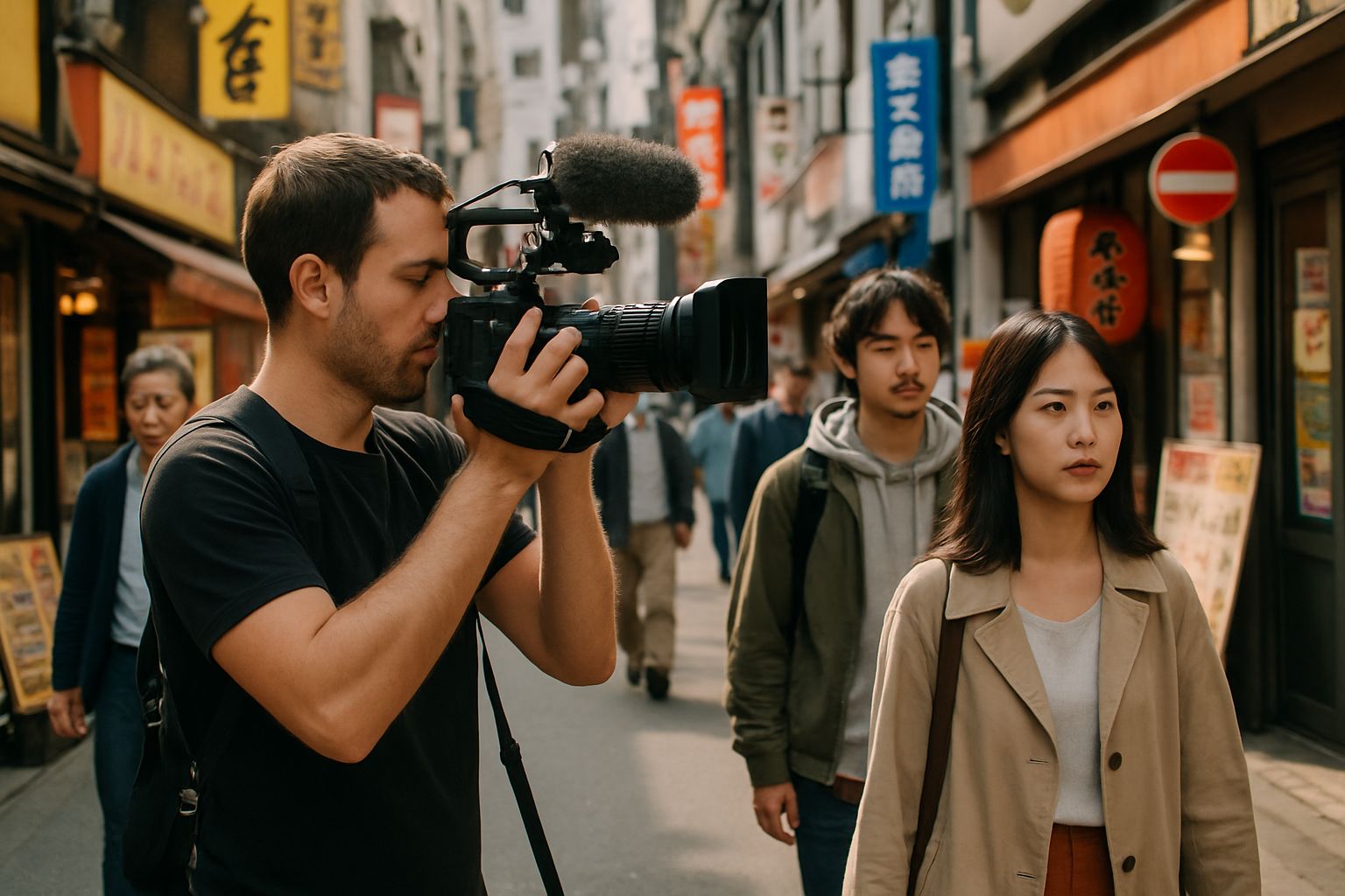 Filmmaker recording on Japanese street for Media Strategy innovation.