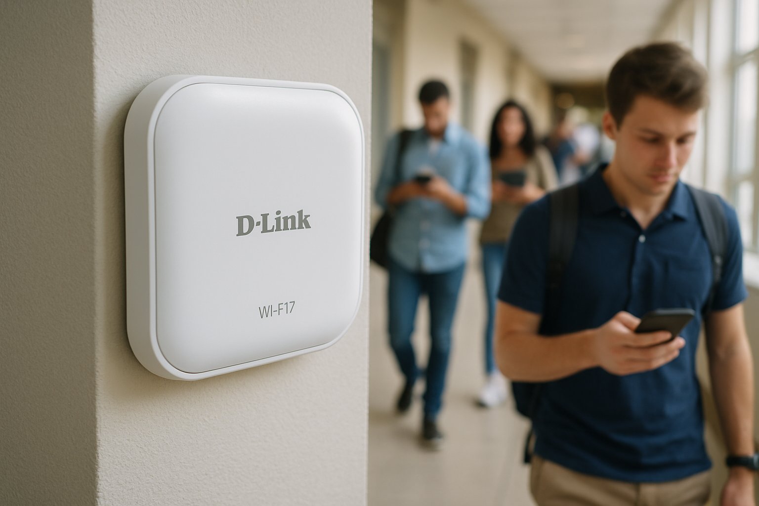 D-Link wall-mounted Wi-Fi 7 AP enhances network connectivity in busy corridor.