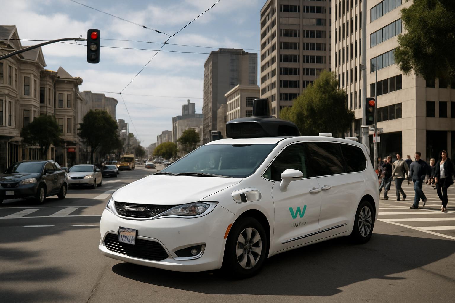 Waymo SF robotaxi at active San Francisco intersection amid regular city traffic.