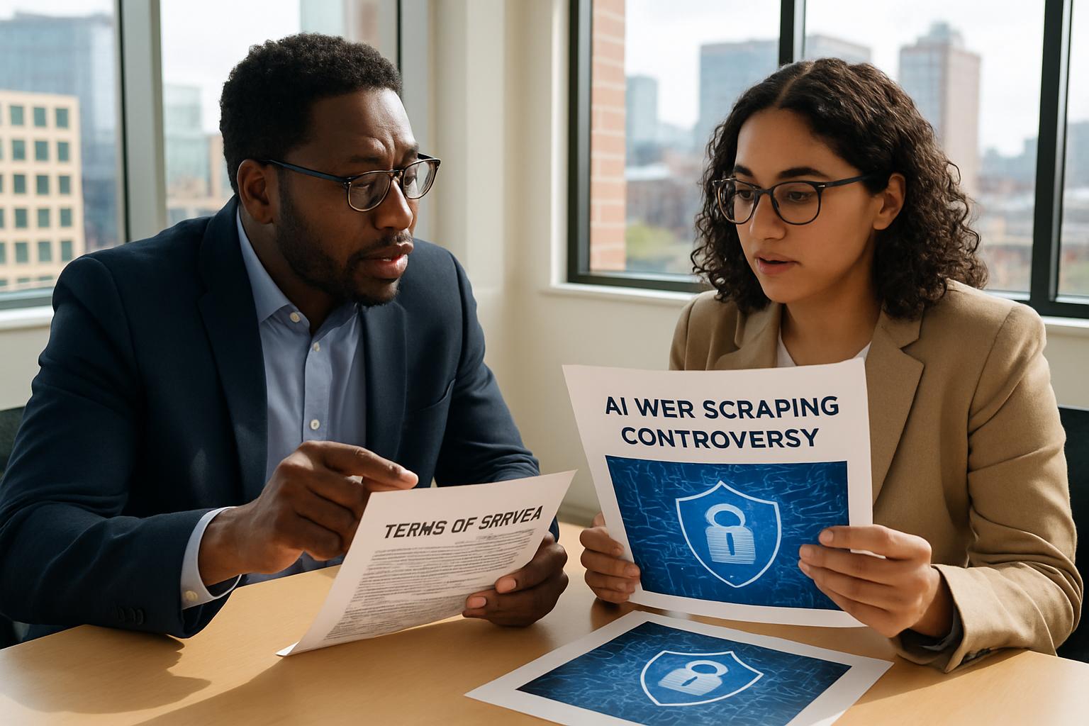 Business professionals discussing AI Web Scraping controversies at a meeting table