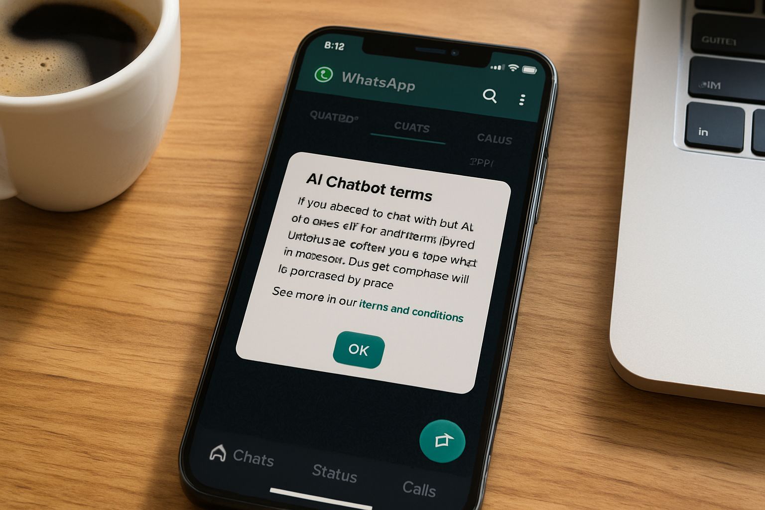 Smartphone showing WhatsApp AI Ruling notification in a realistic office setting.