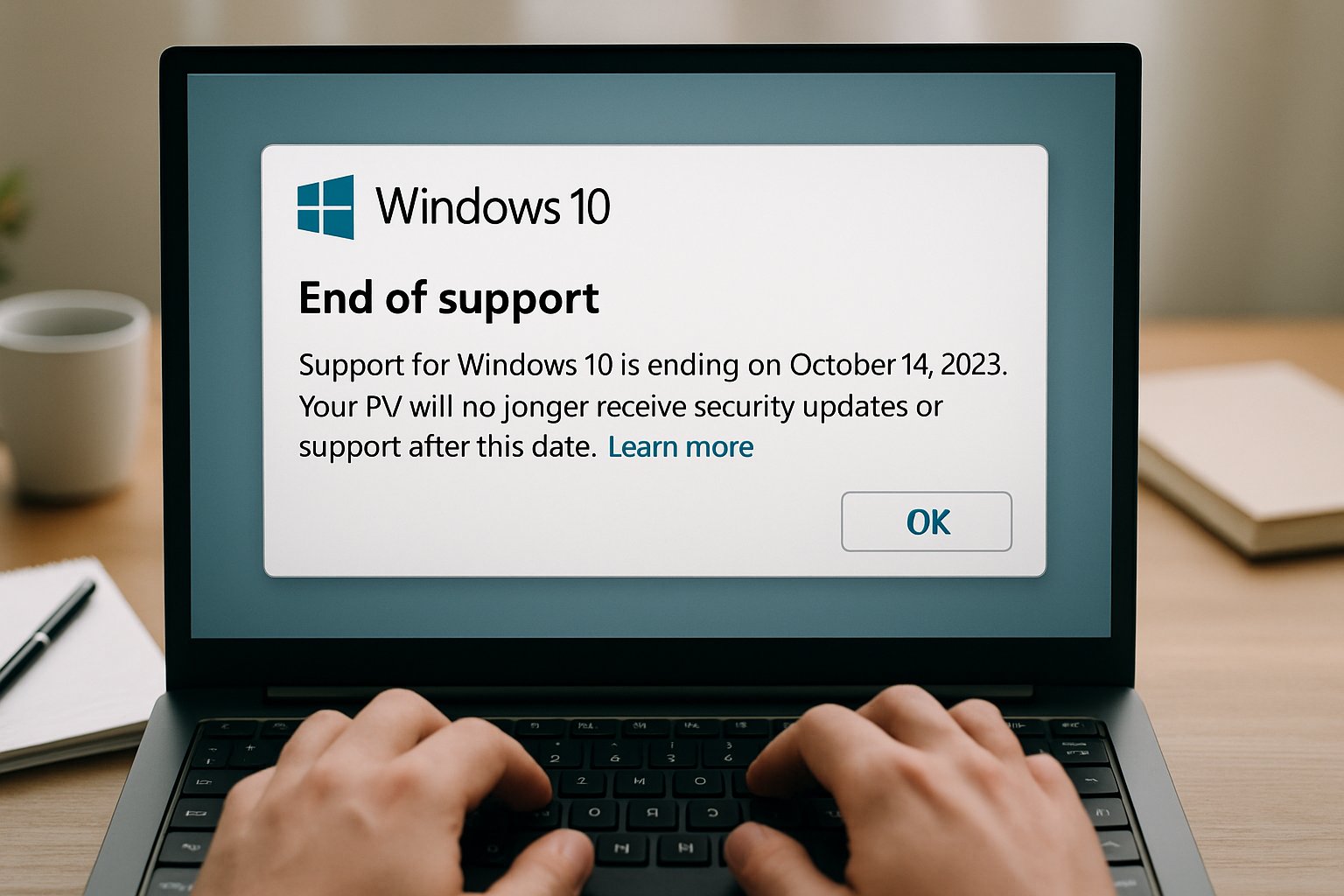Windows 10 end-of-support notification displayed on a computer screen.