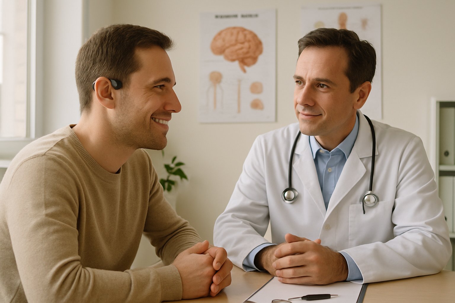 Patient using Wireless Neural Link headset during neurological consultation