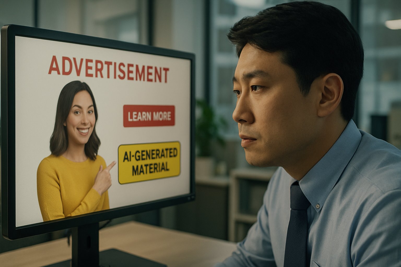 Deepfake Regulation compliance shown as office worker checks AI-labeled ad in Korea.