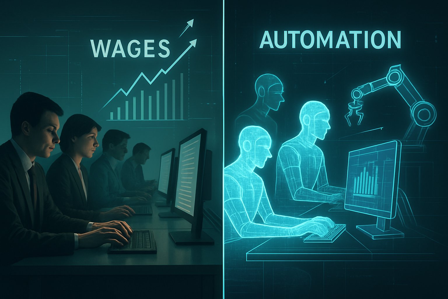 Split-screen of traditional workers and Job Automation via digital twins and machines.