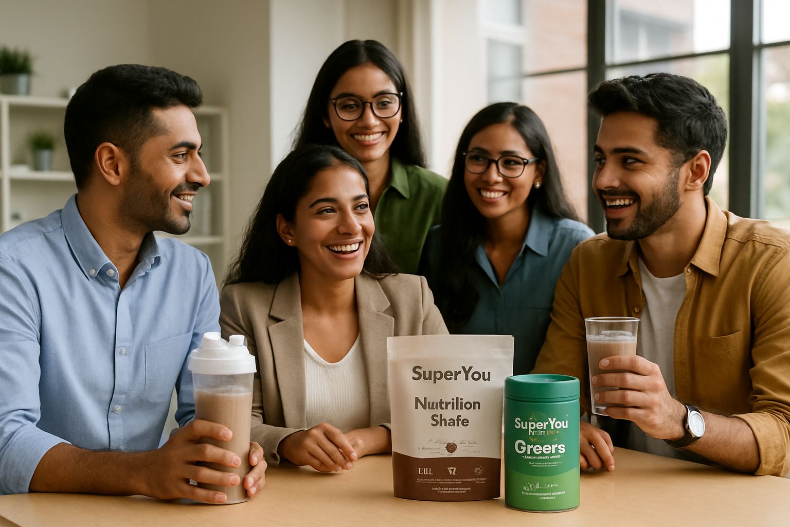 Indian professionals discuss Functional Nutrition with SuperYou products on a table.