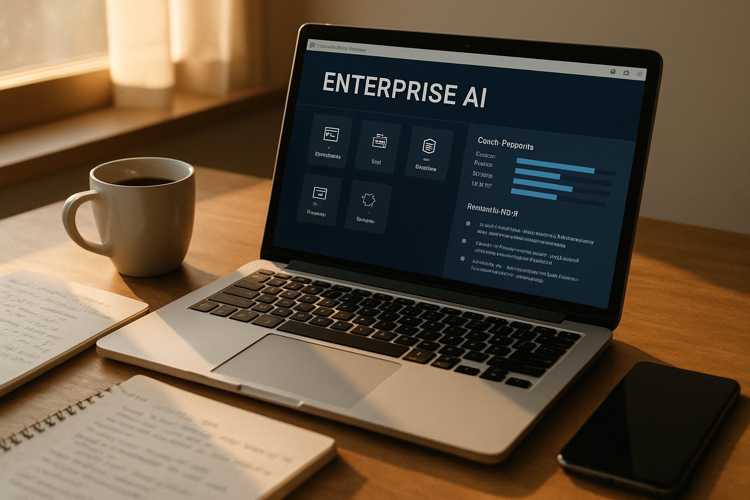 Realistic workspace highlighting Platform Shift through an AI-integrated operating system on a laptop.