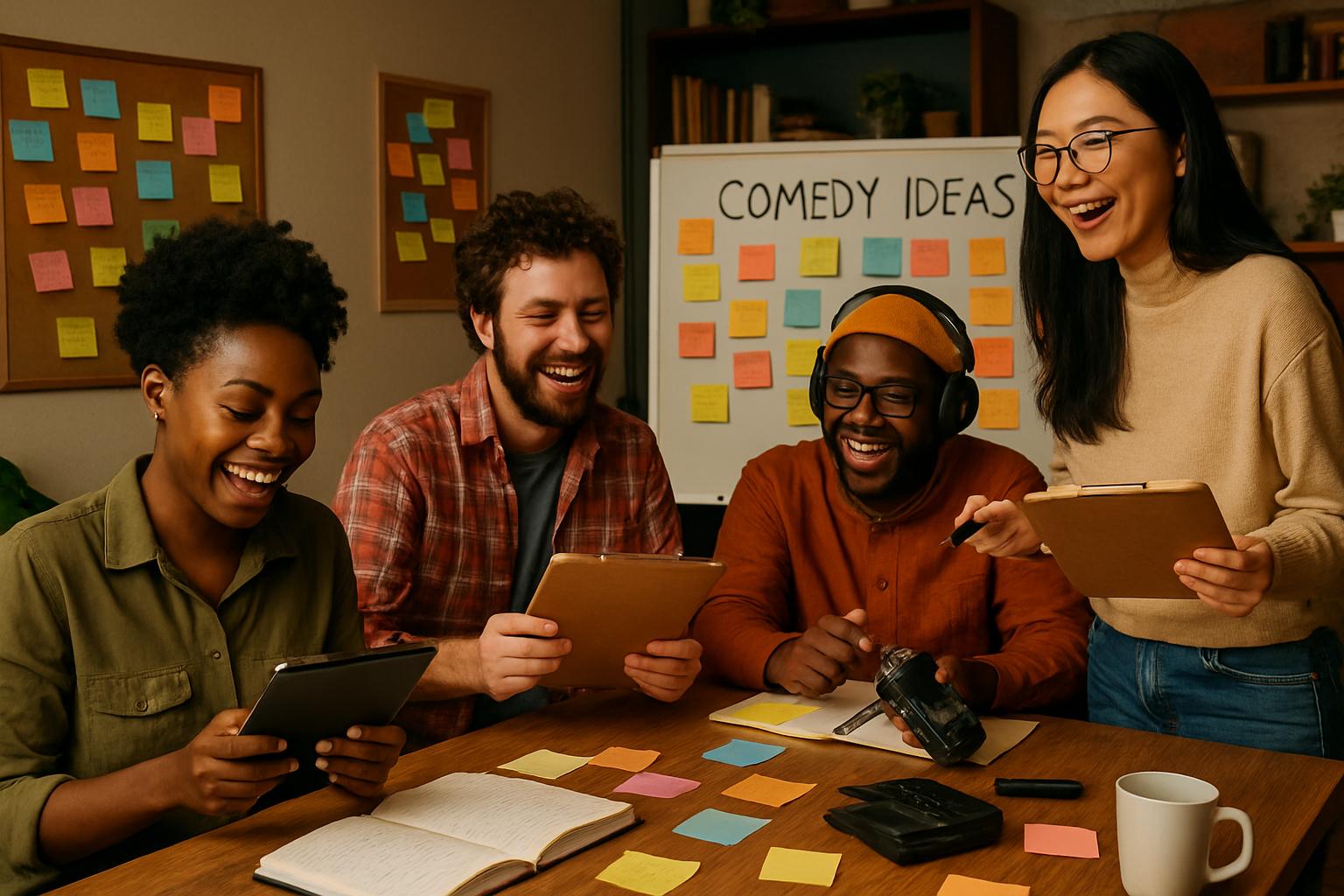 Comedians collaborate using Creative Tools in a writer’s room setting.