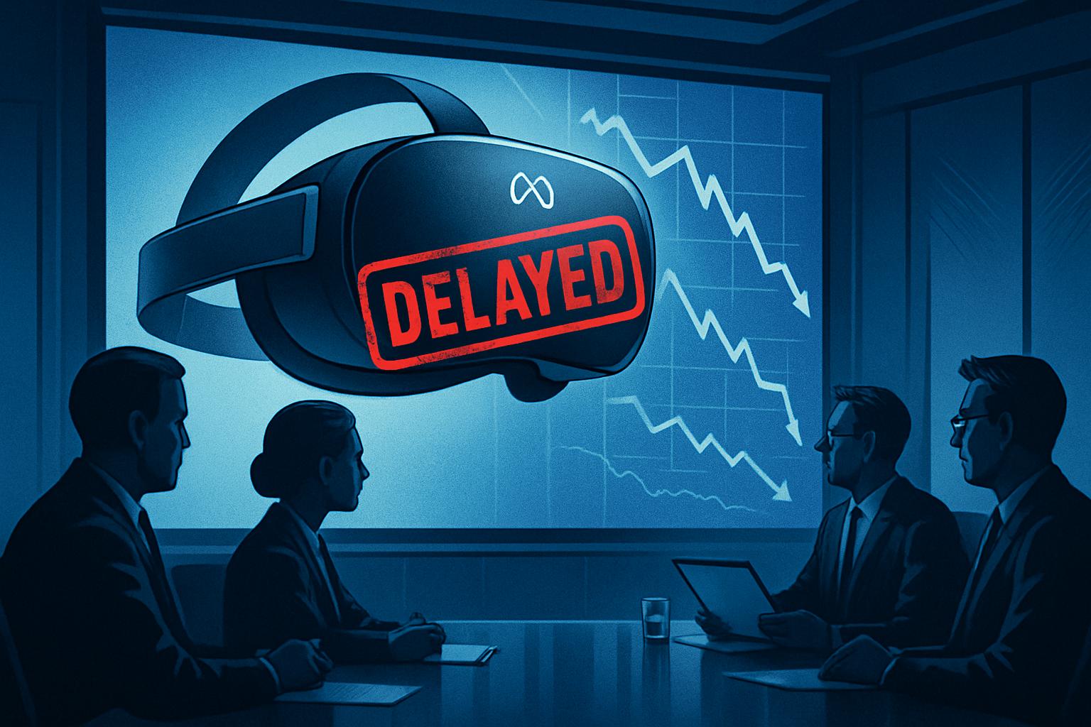 Executives review impacts of Meta's hardware delay on XR strategy in a corporate boardroom.