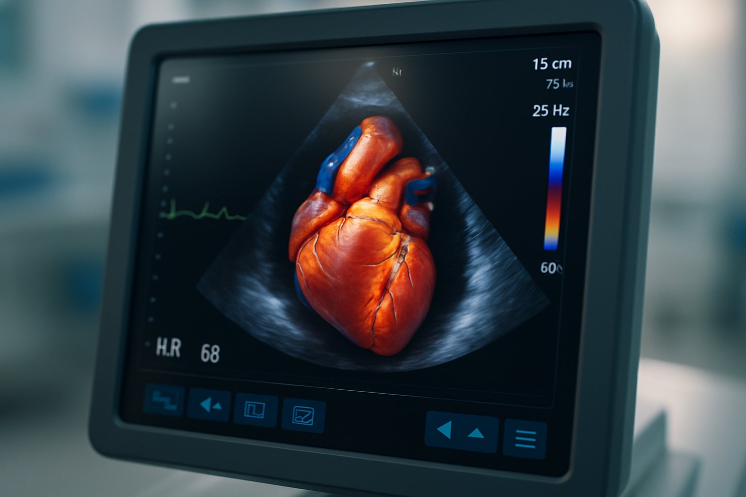3D echocardiographic scan on monitor for cardiac imaging.