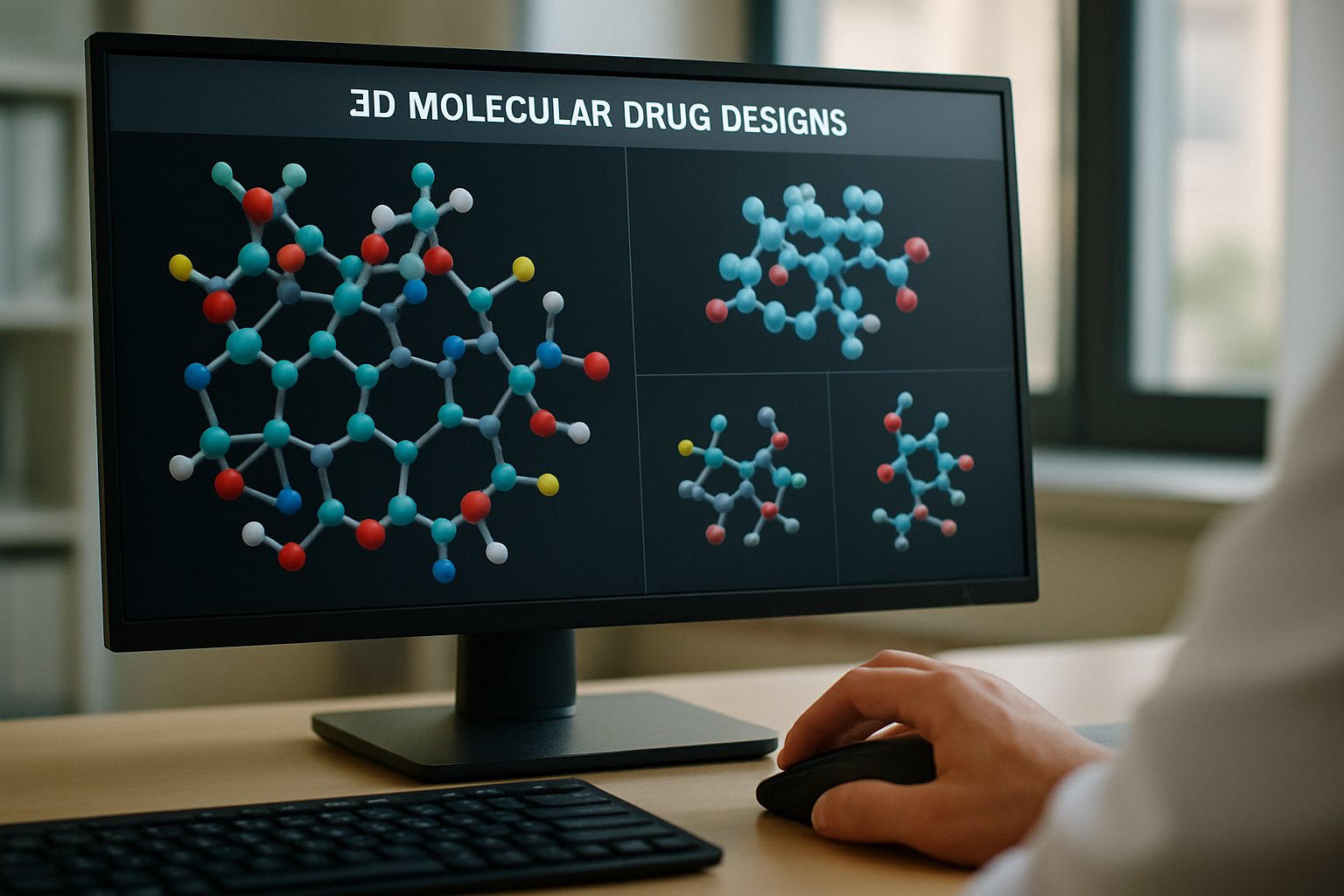 3D molecular drug models displayed with Integrated AI Drug Discovery platform.