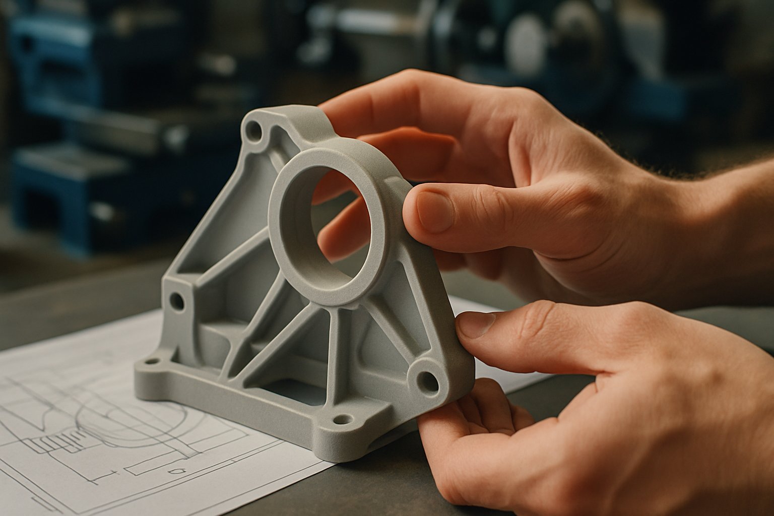 3D printed part being inspected in a manufacturing environment.