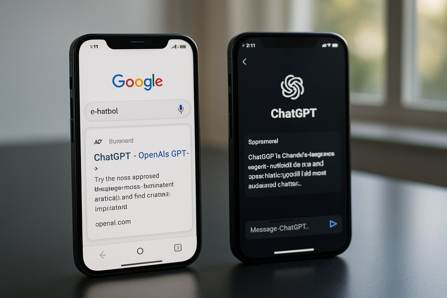 Smartphones comparing Google vs OpenAI ad platforms and monetization tactics.
