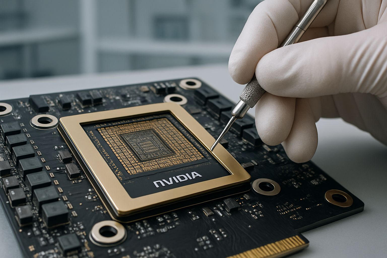 Nvidia chip licensing close-up showing advanced chip technology and branding in a lab.