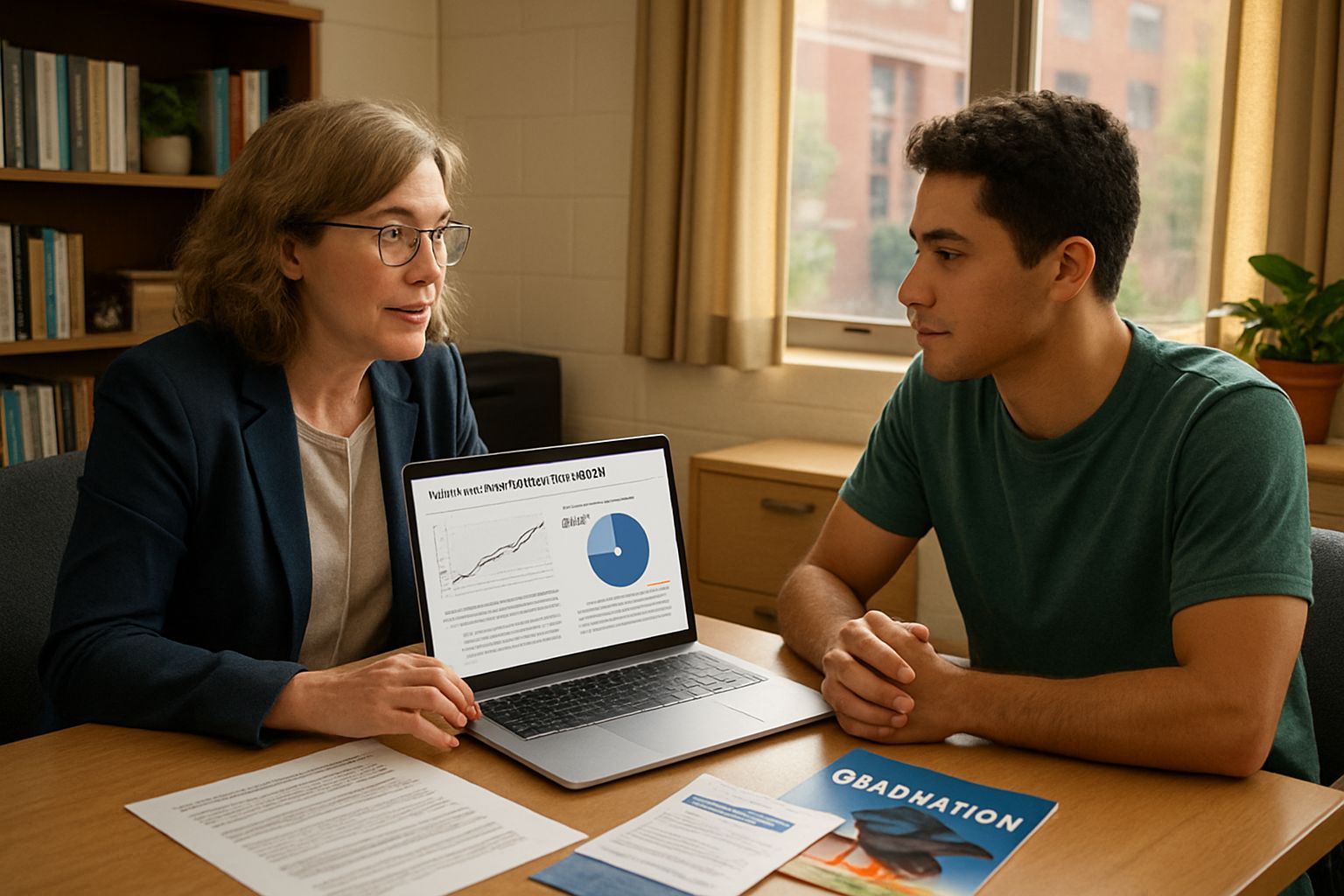 Advisor reviewing student outcome prediction engines data with a college student.