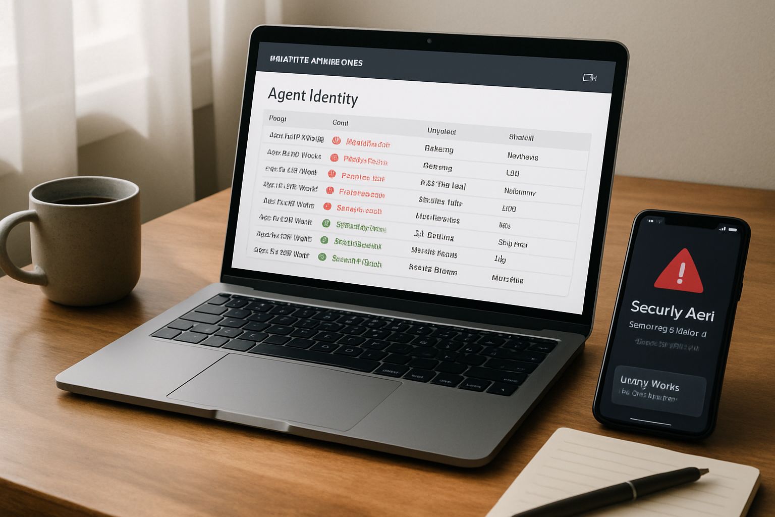 Agent Identity dashboard displayed on laptop with security logs in real office.