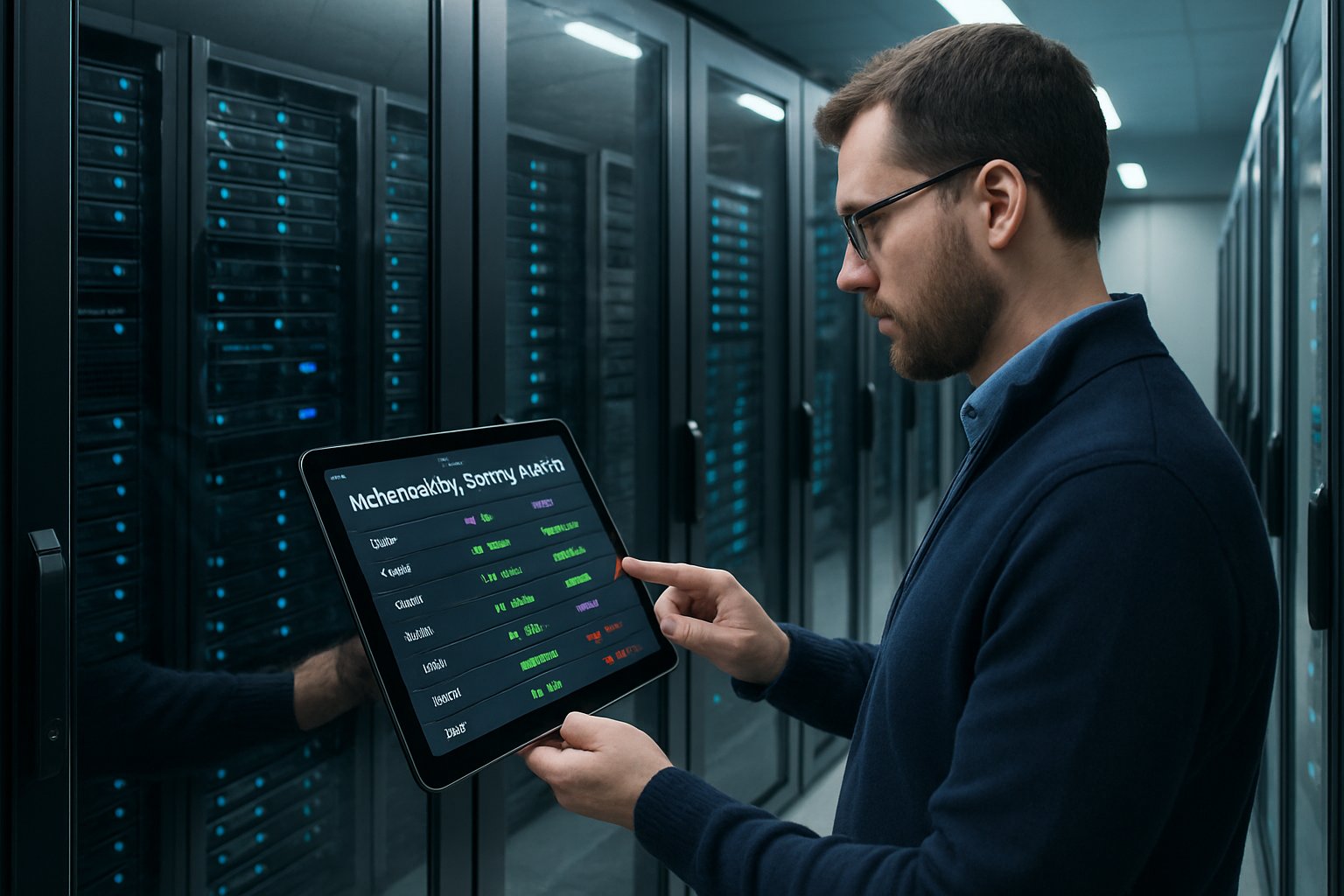 Technician using Vulnerability Scanning Agents in secure server room.