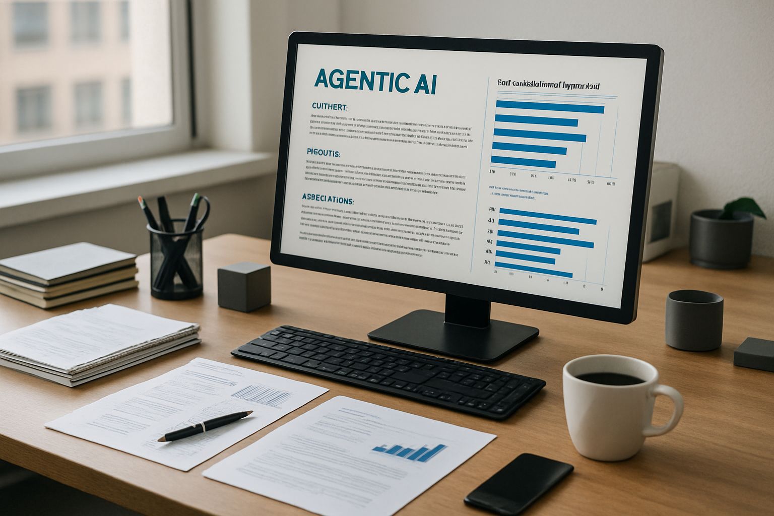 Corporate workspace showing Agentic AI analytics on a computer screen.