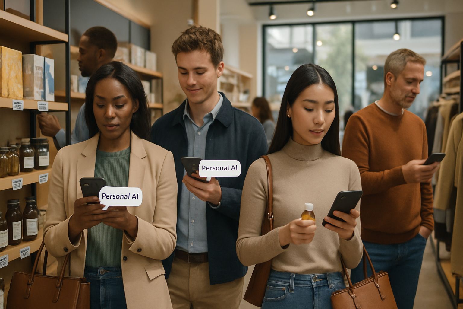 Shoppers use Personal AI agents in a modern retail store