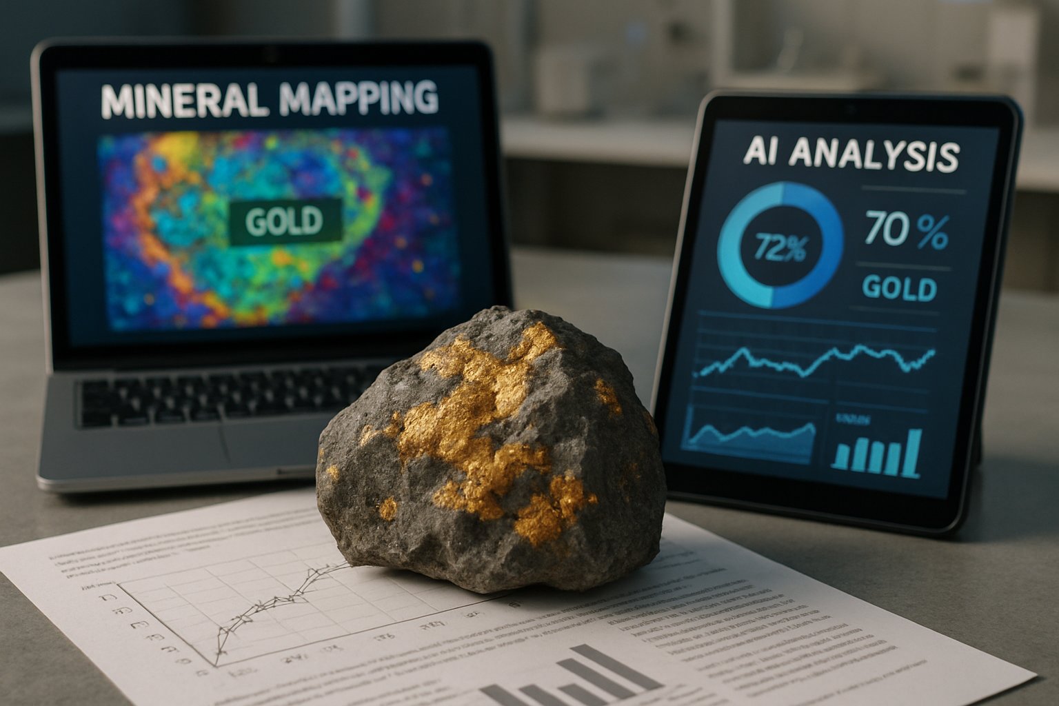 AI Mineral Extraction technology analyzing gold ore in a laboratory environment.