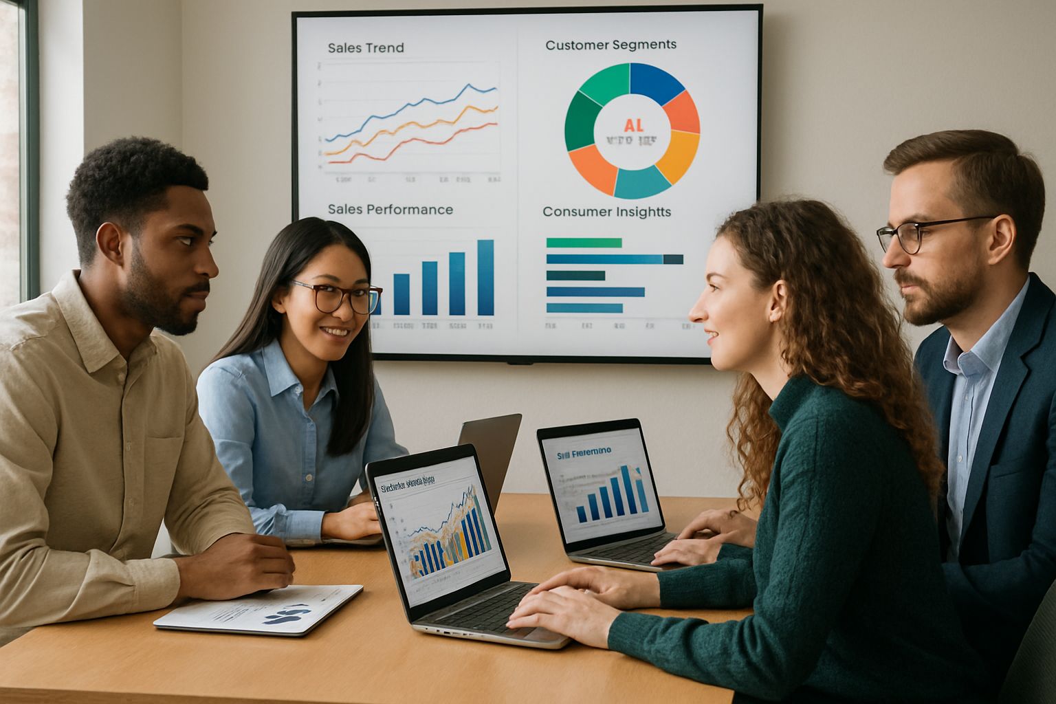 Retail professionals analyzing AI data dashboards, representing Retail AI trends and future analytics.