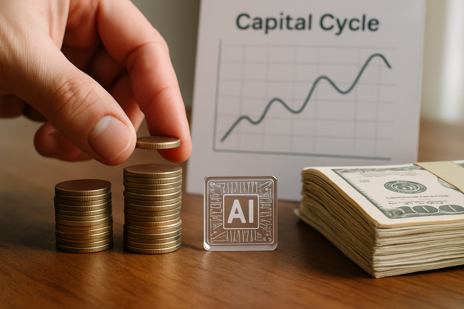Hand stacks coins beside cash and AI chip illustrating Capital Cycle.