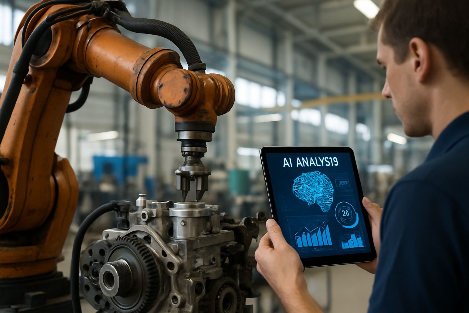 Technician monitors Industrial AI Collaboration between robotics and digital systems.