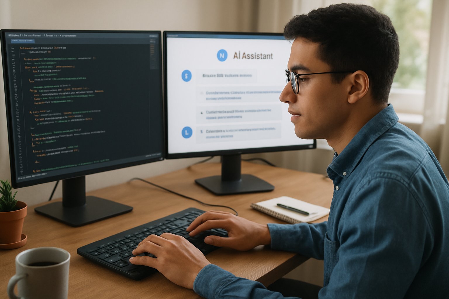 Junior developer using enterprise AI pair programmer interface on computer