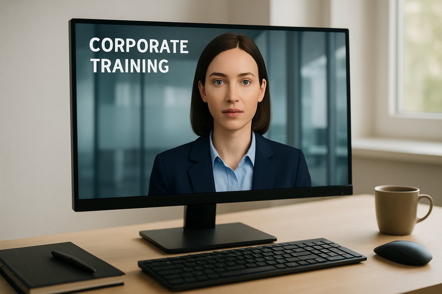 Corporate training video with AI Avatars displayed on an office monitor.