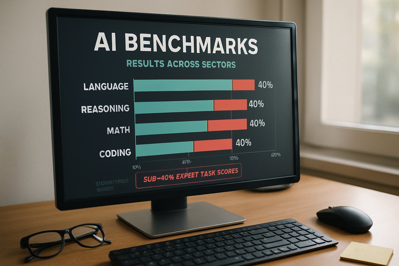 Digital dashboard displaying AI Benchmarks results and expert task scores.