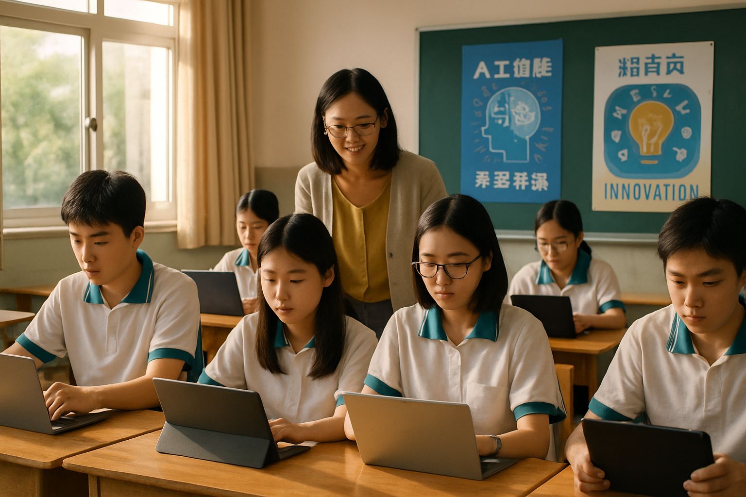 National Strategy vision highlighted in a modern Chinese classroom focused on AI education.