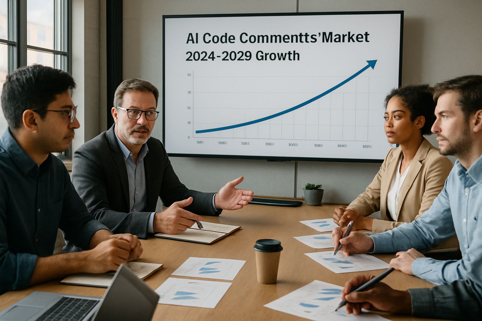 Team analyzing AI Code Comments market growth forecast at a business meeting.