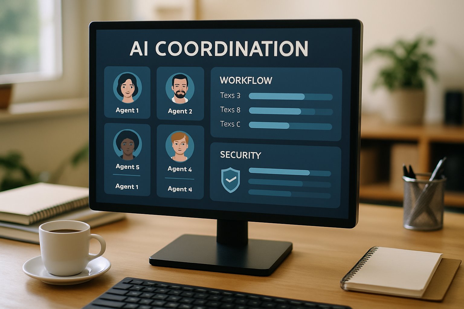 AI Agent Coordination dashboard on computer screen in realistic office setting.