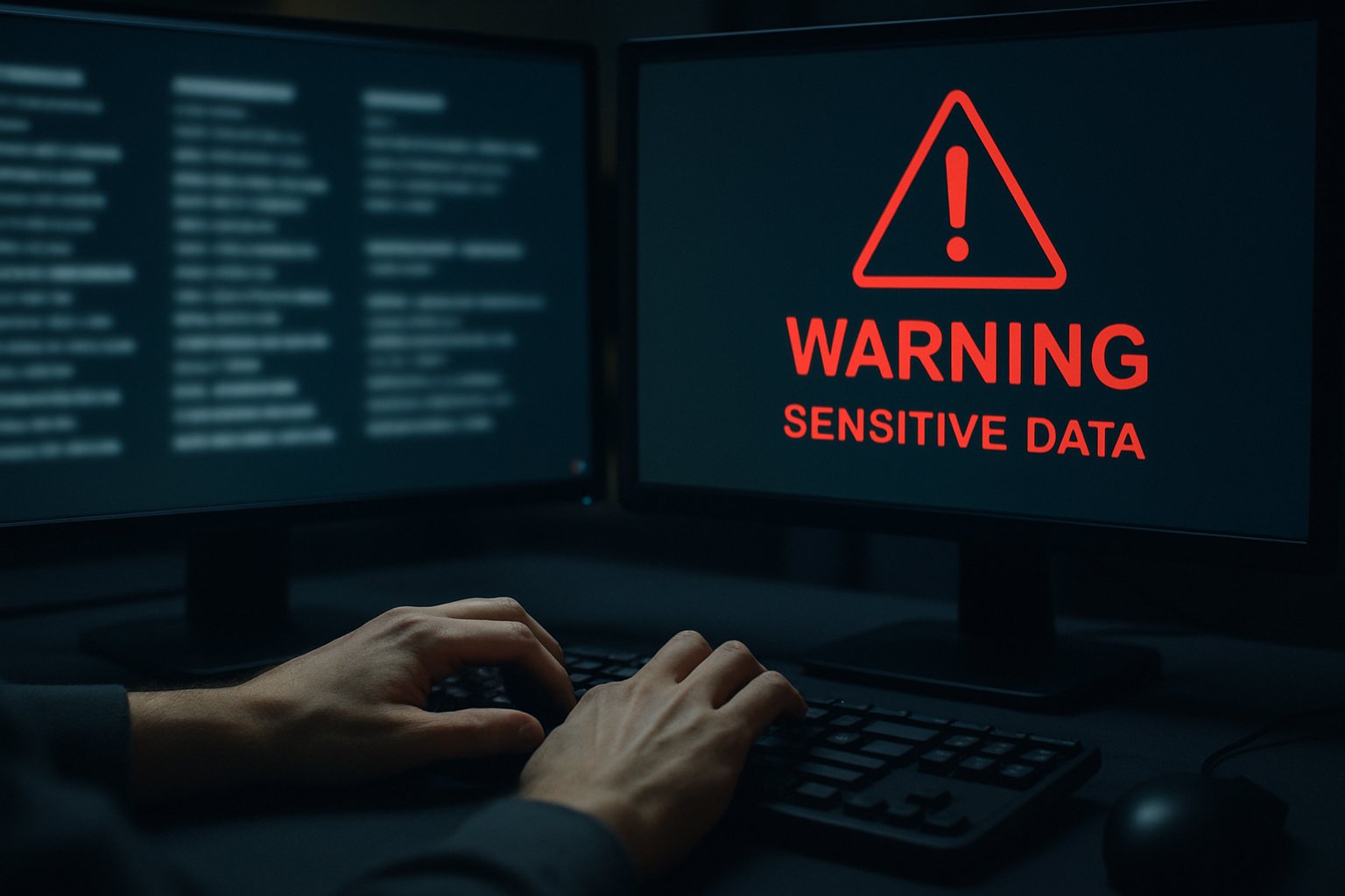 Computer screen with blurred sensitive AI Training Data and alert warning.