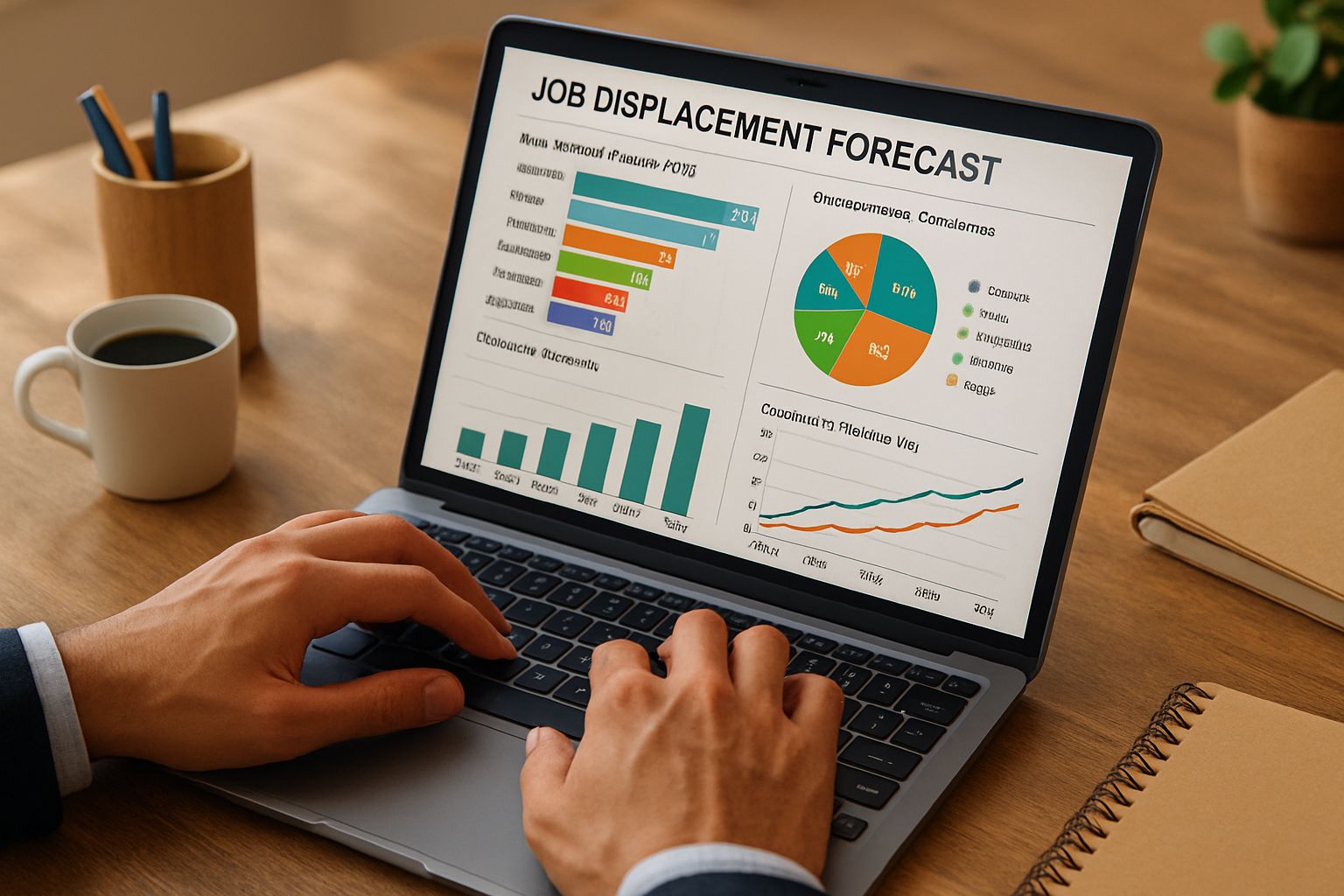 Professional reviews AI job displacement forecast models on a laptop dashboard.