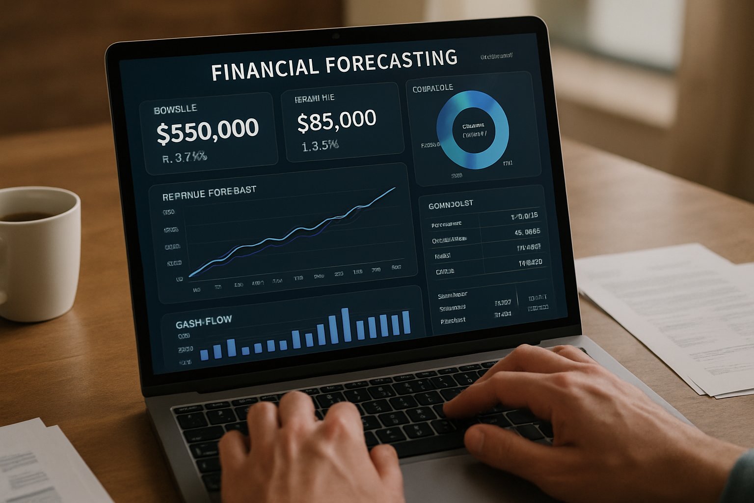 Finance AI platform forecasting on laptop in realistic work environment.