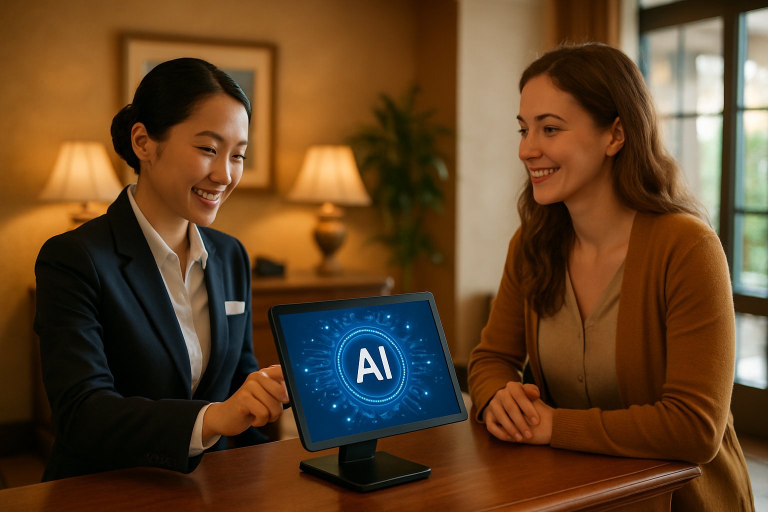 Hotel staff implements Hospitality Management AI at front desk