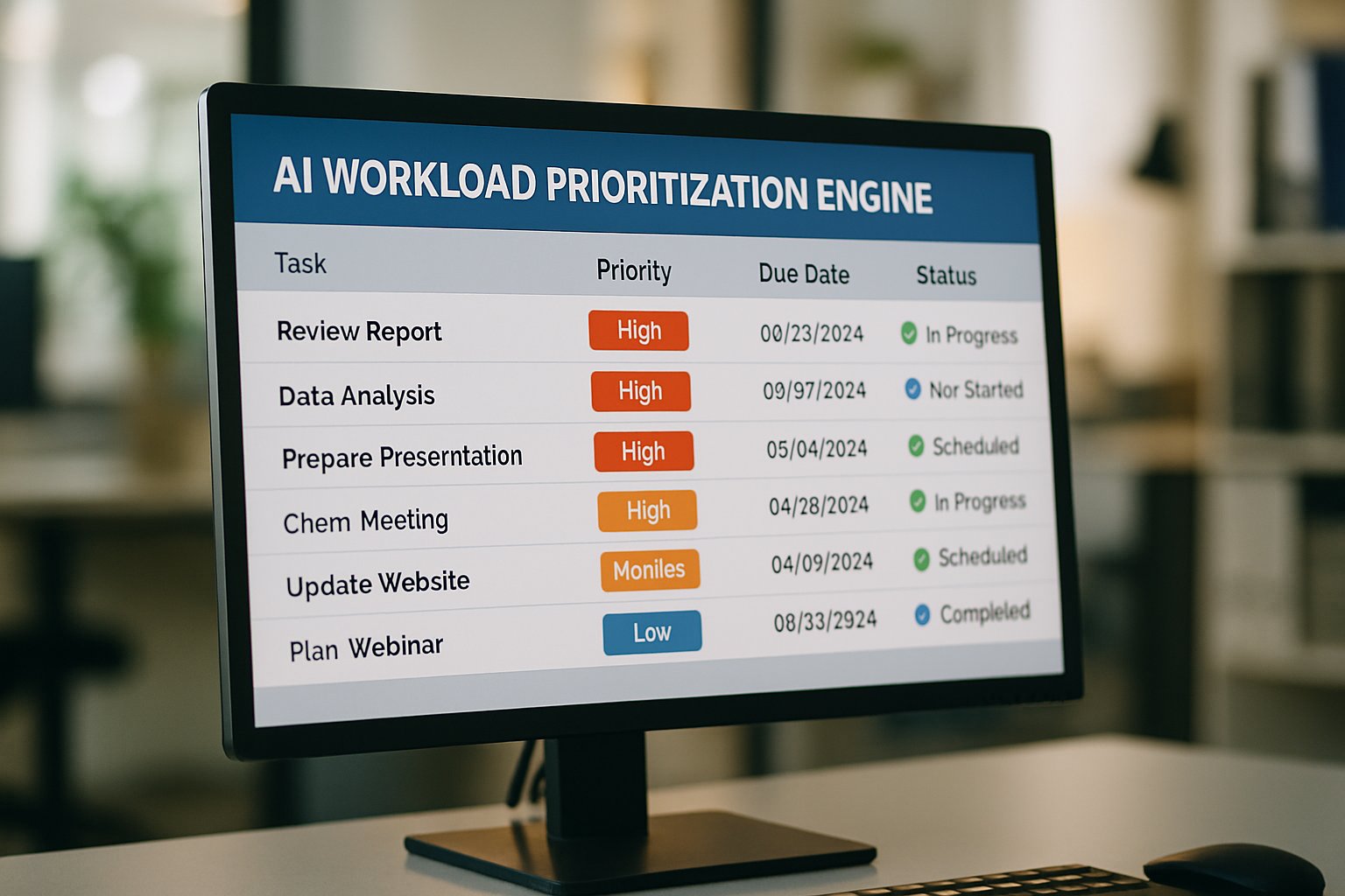 Monitor displaying AI workload prioritization engines interface in office environment