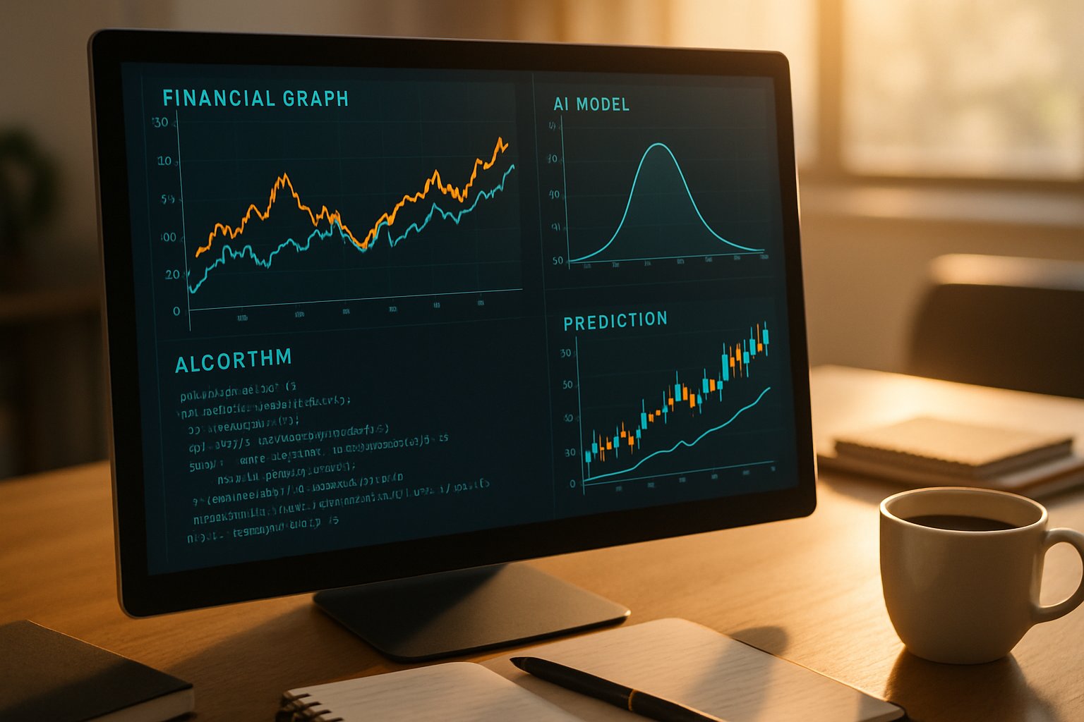 Quantitative AI Finance dashboard on office computer with graphs and predictions.