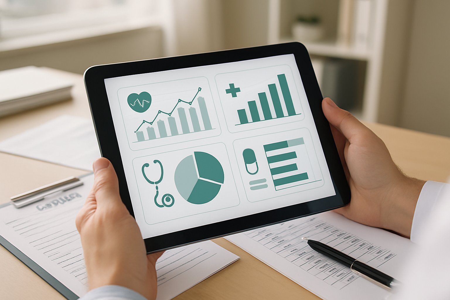 Healthcare AI Finance dashboard on tablet with financial and medical data.
