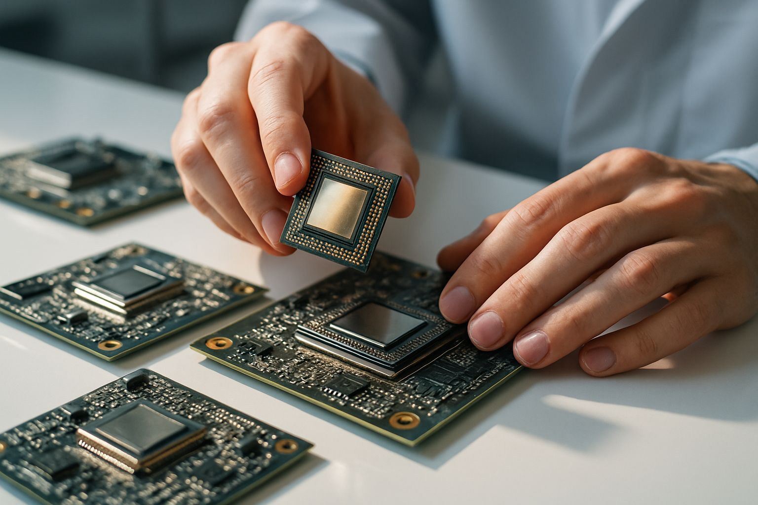 Superintelligent AI hardware chips and technician working on advancements.