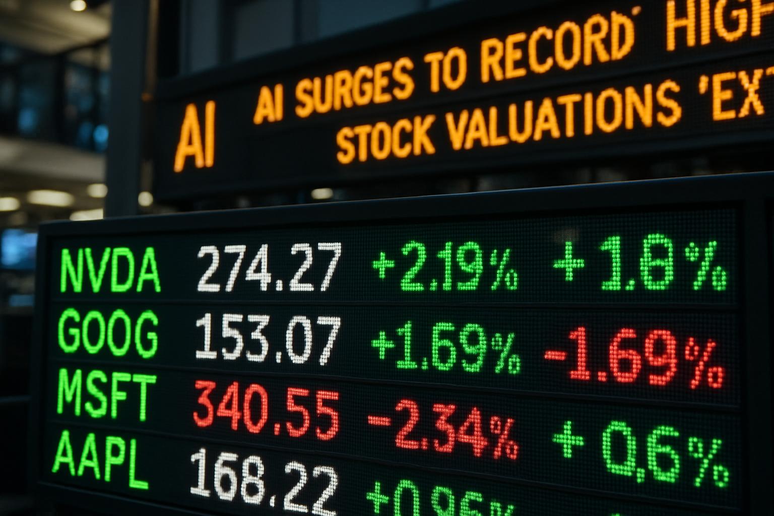 Stock market AI impact shown on live ticker and valuation headlines