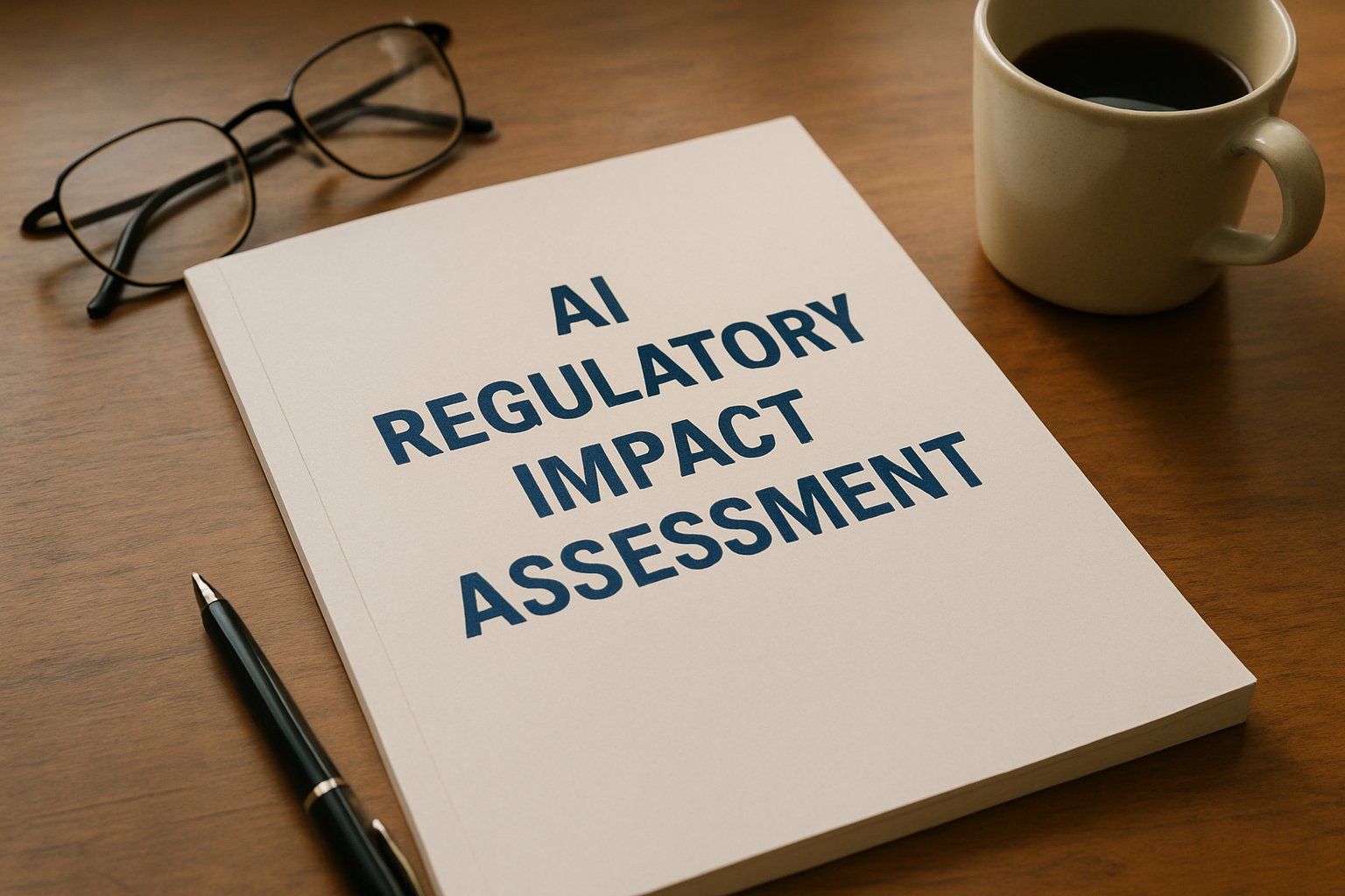 Official AI Regulatory Impact Assessments report on desk with pen and glasses.