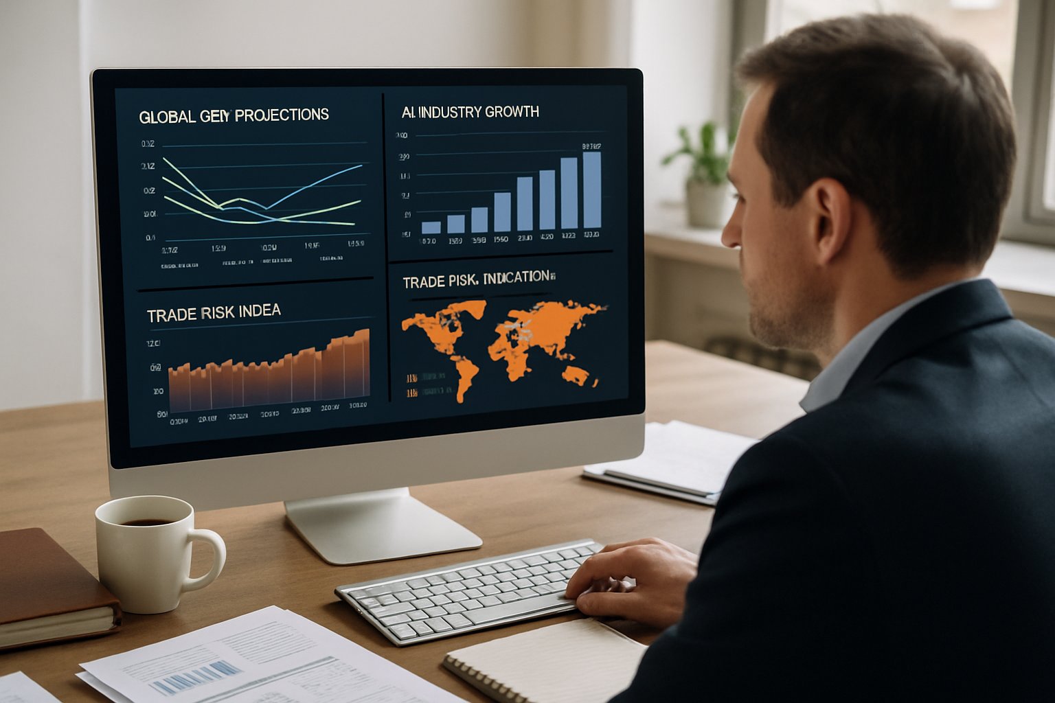 Macroeconomics analysis shown on economist's computer with AI and global GDP data.