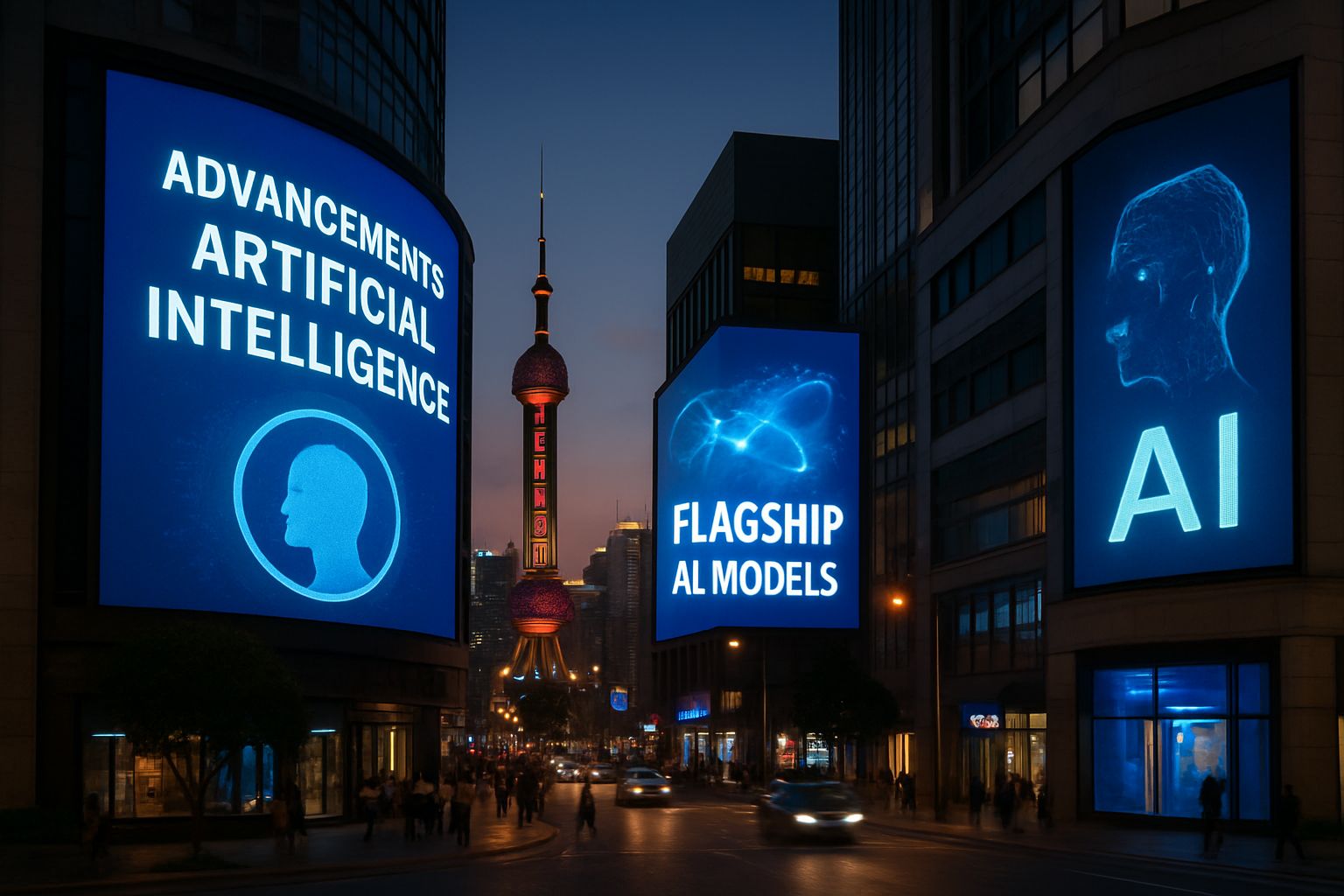 Shanghai cityscape with ads for Flagship AI Models on digital billboards.