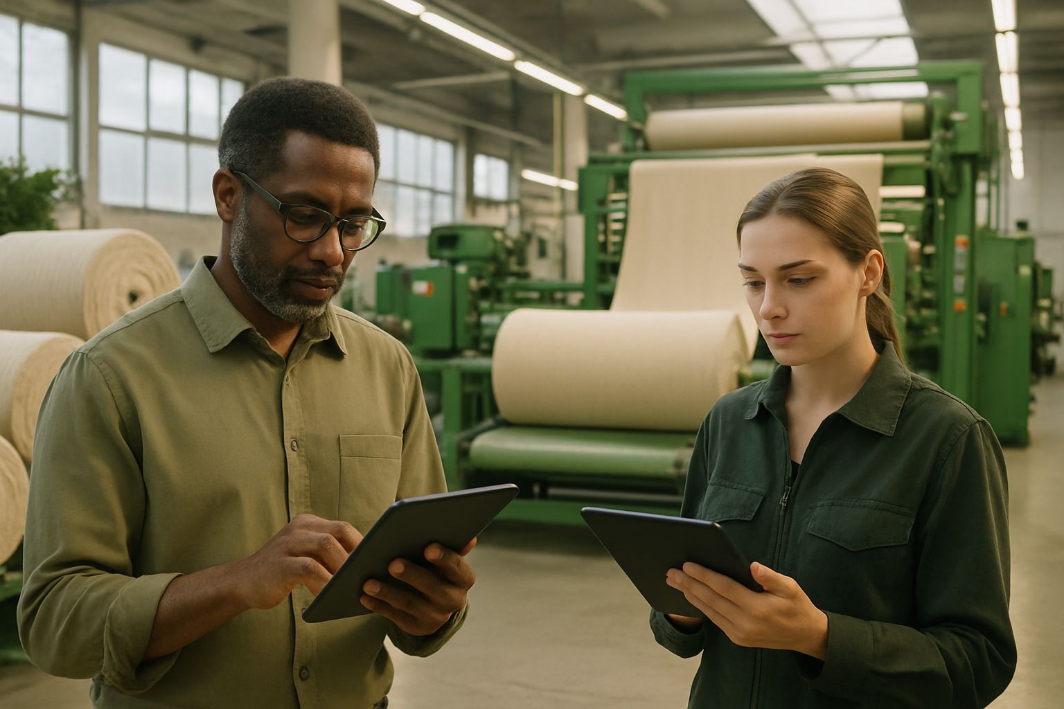 Textile engineers applying Sustainable Fabric Discovery AI to eco-friendly production