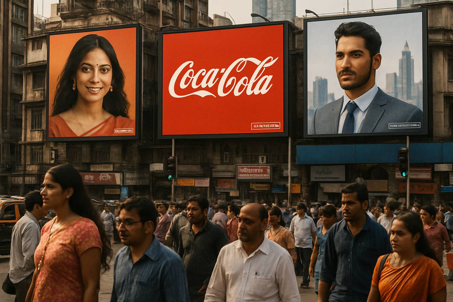Mumbai billboard advertisements with AI-Amplified Content Risks labeling visible