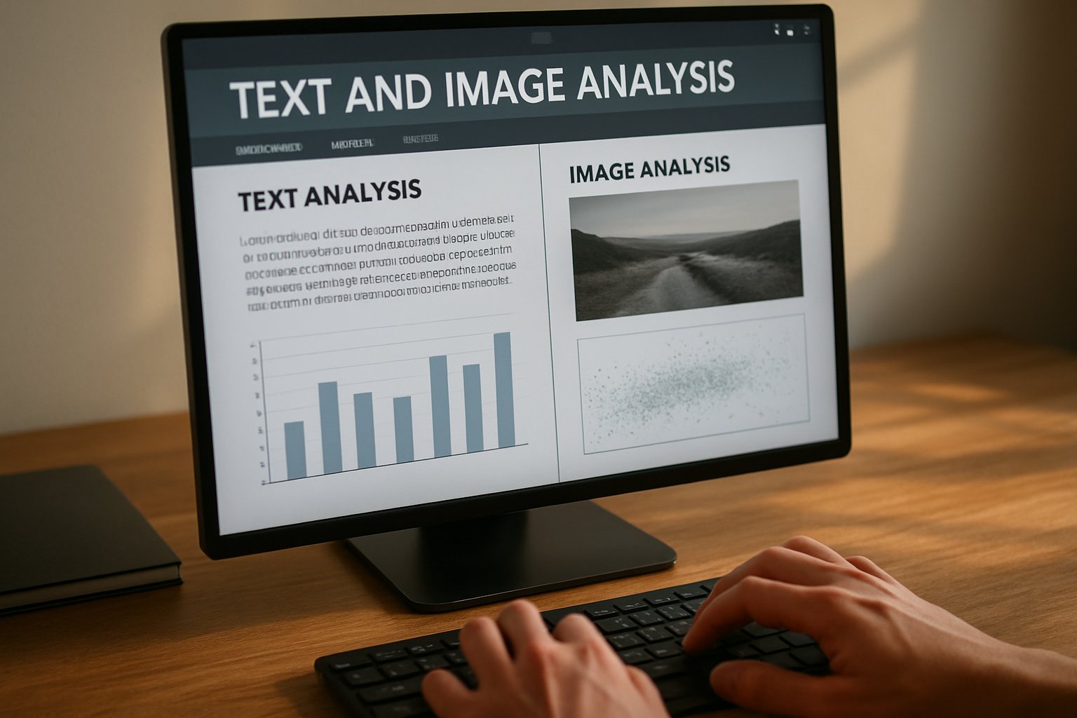 Hands interacting with AI Multi-modal text and image analysis dashboard.