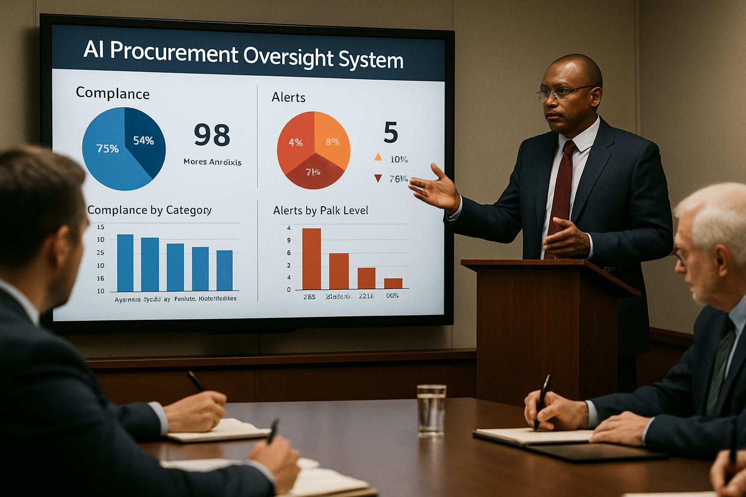 AI procurement oversight systems dashboard showcased in a government meeting presentation.
